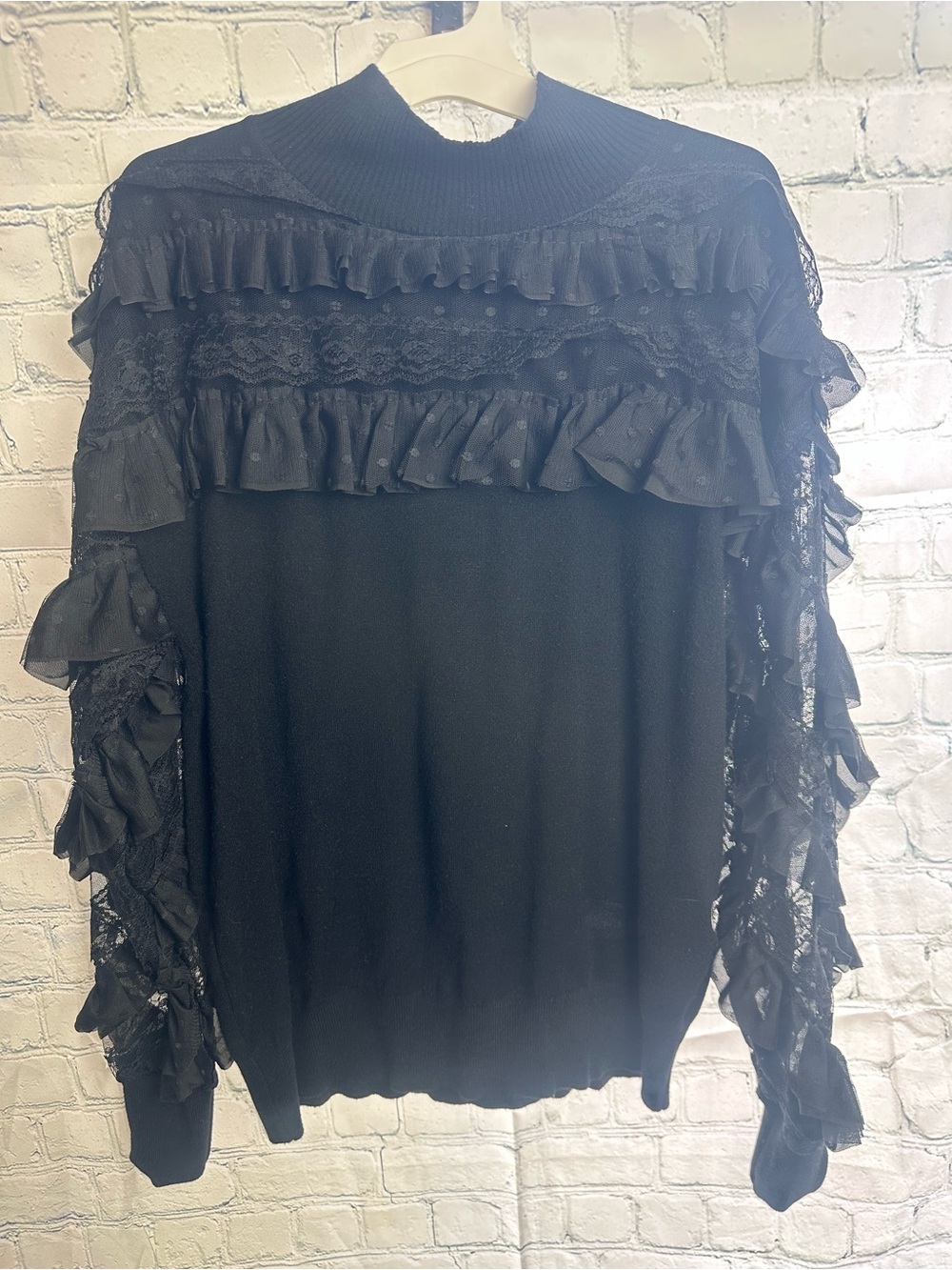 Black Ruffle Lace-Accent Women's Sweater